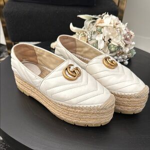 Gucci Cream Espadrille Platform Shoes with Gold Logo